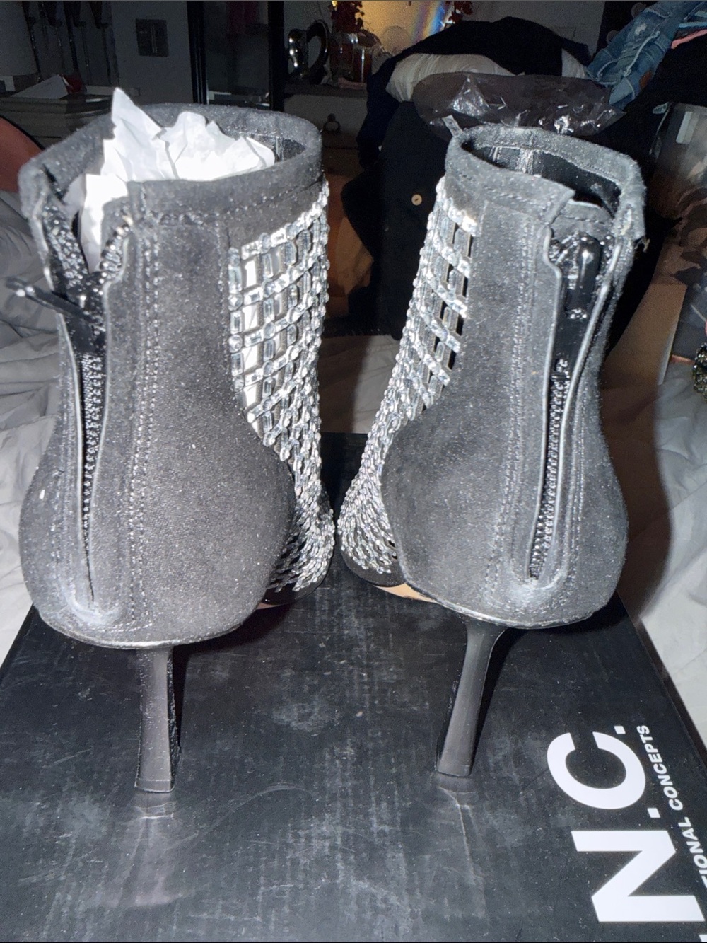 INC International Concepts Black Crystal Mesh Pointed-Toe Ankle Boots - Picture 3 of 4